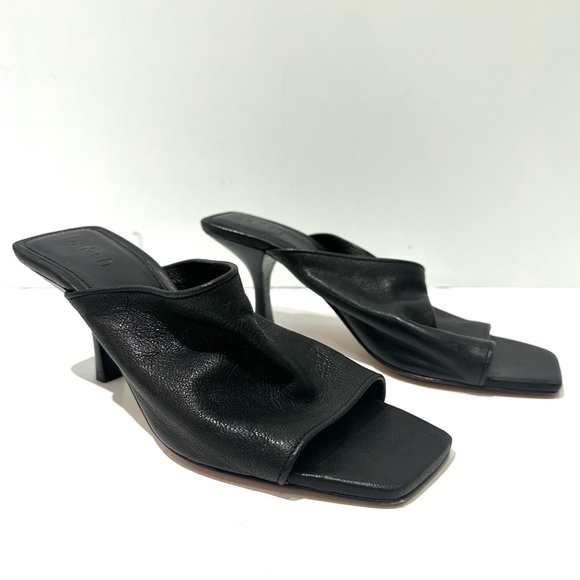 ba&sh Black Leather Slip On Open Toe Square Front Mules Sandal Heels EU 37 US 7 - Picture 1 of 11
